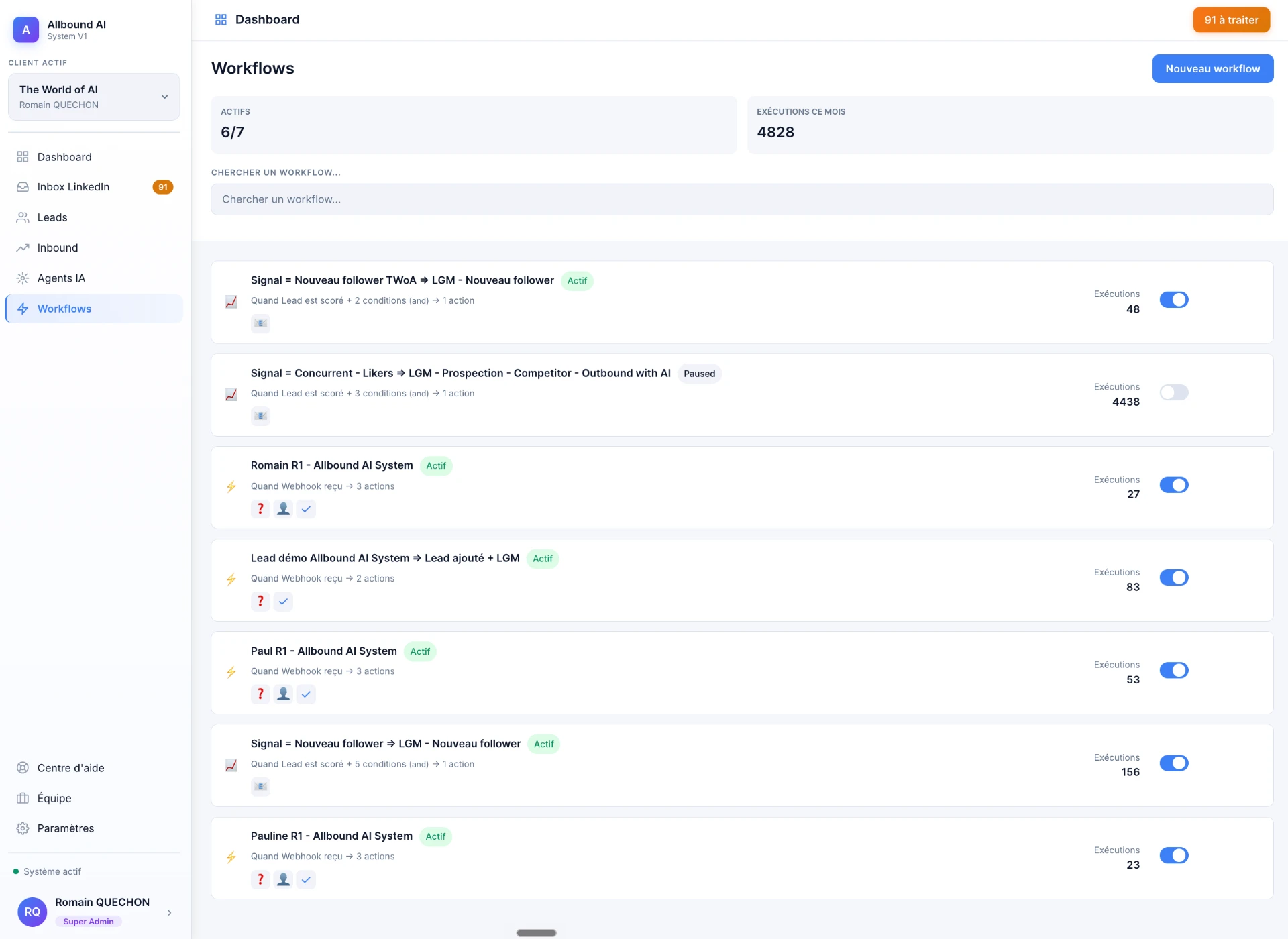 Liste des workflows